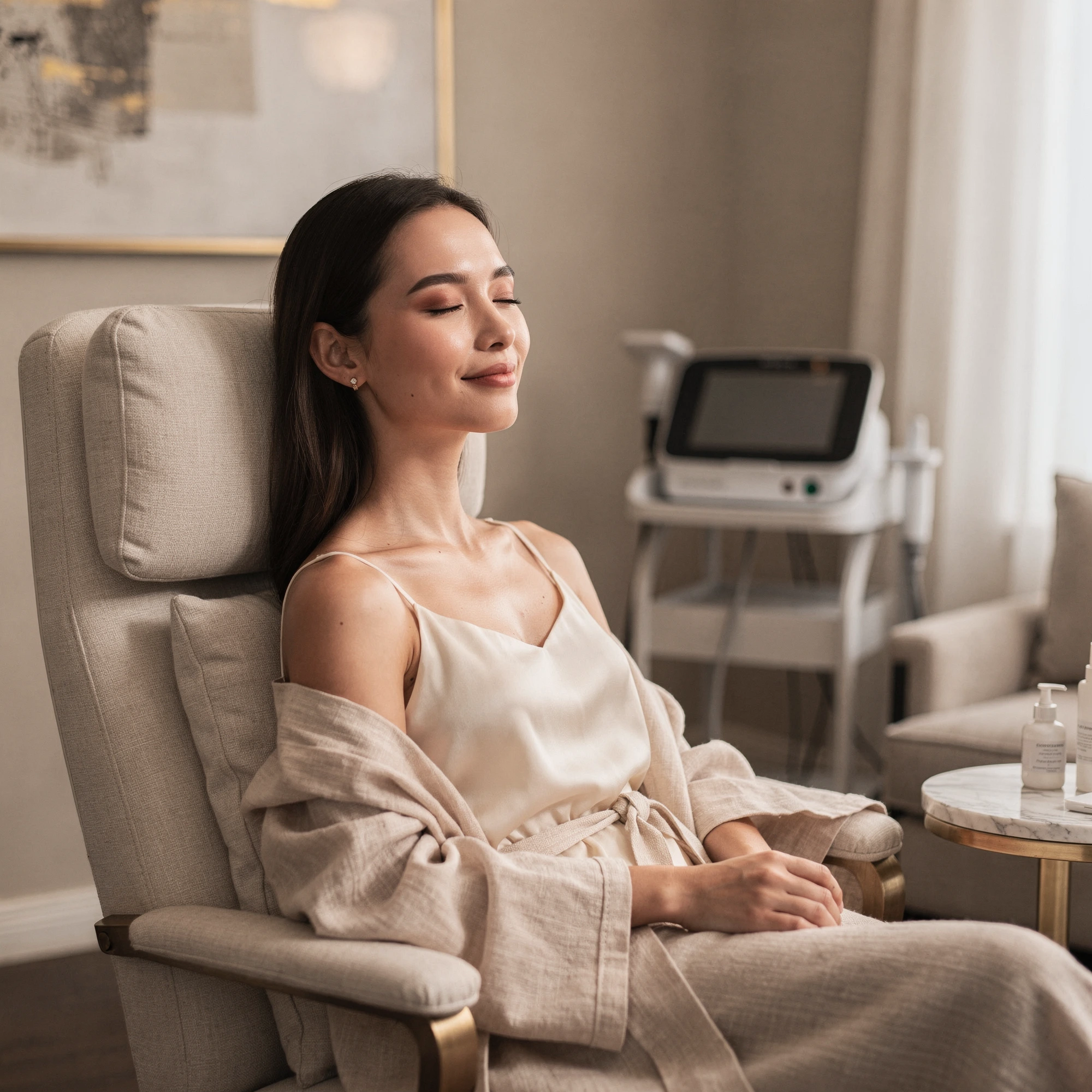 Woman relaxing in a consultation chair with laser skin resurfacing equipment visible in the background